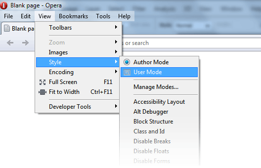 Opera users select View > Style and click User Mode to specify display requirements.